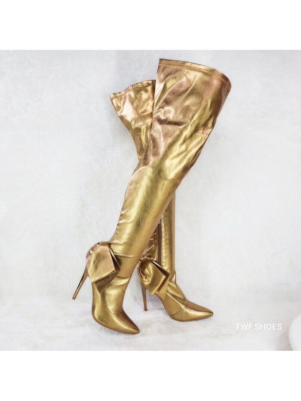 Bowie Stretch OTK Thigh Boots Copper Gold High Heel Stiletto Boots Big Back Bow